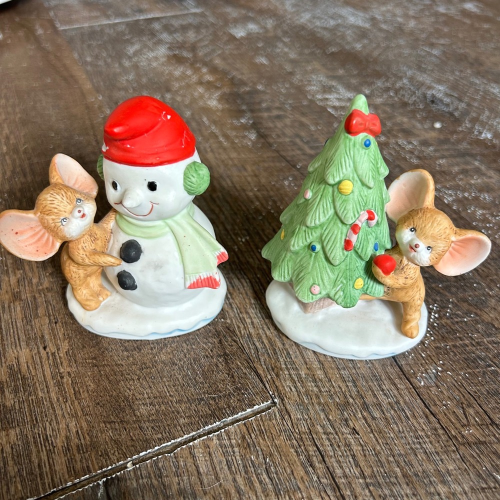 Vintage Homco Christmas Mice Figurines Snowman and Tree Set 5608 Porcelain